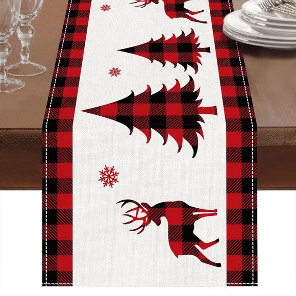 72'' Red Black Buffalo Plaid Christmas Deer Trees Snowflakes Table Runner - Picture 1 of 8